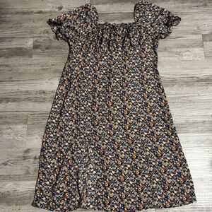 SHEIN Navy Floral Long Sleeve Smocked Neck Dress